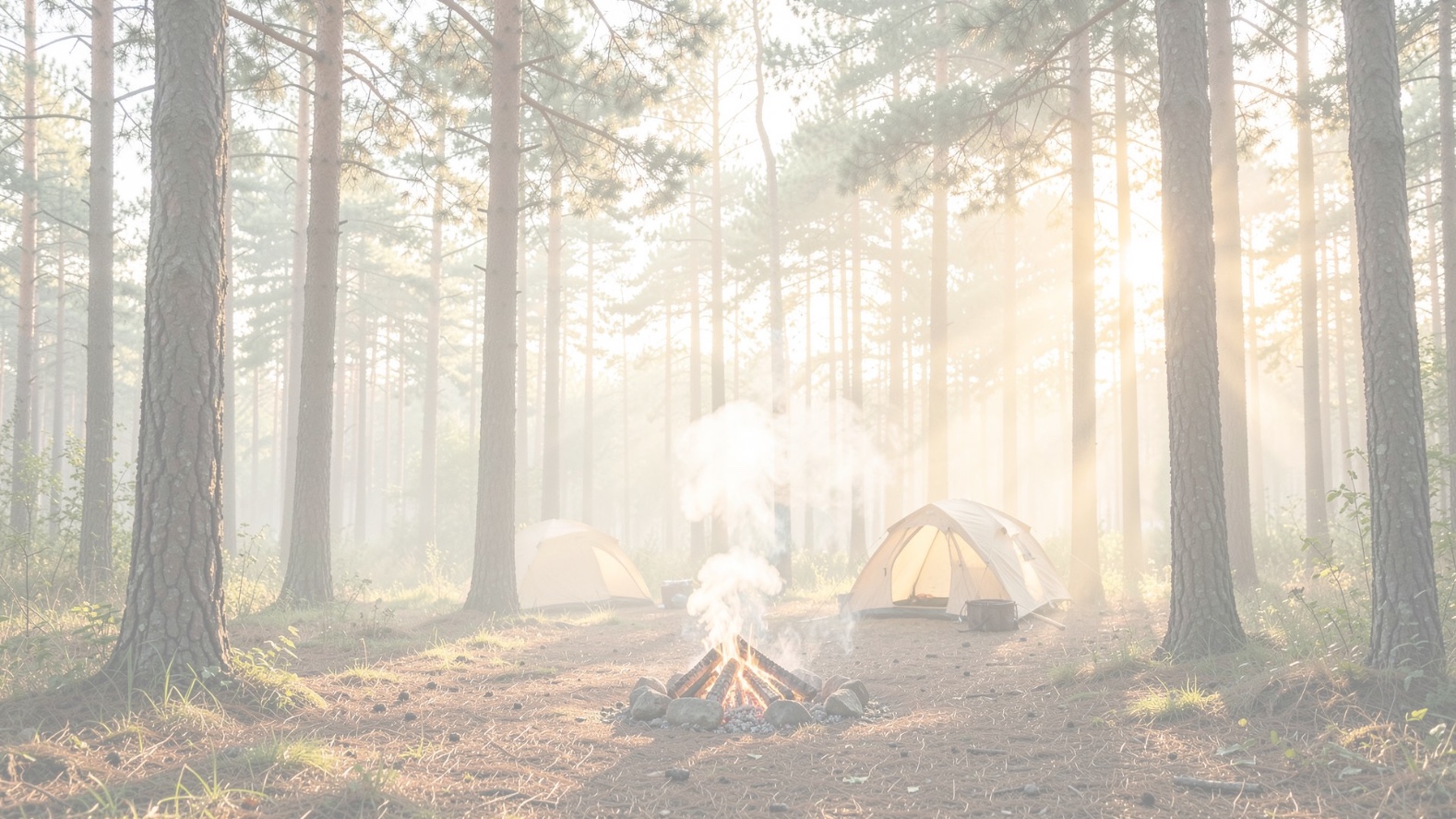 A campfire at sunrise in a misty pine forest