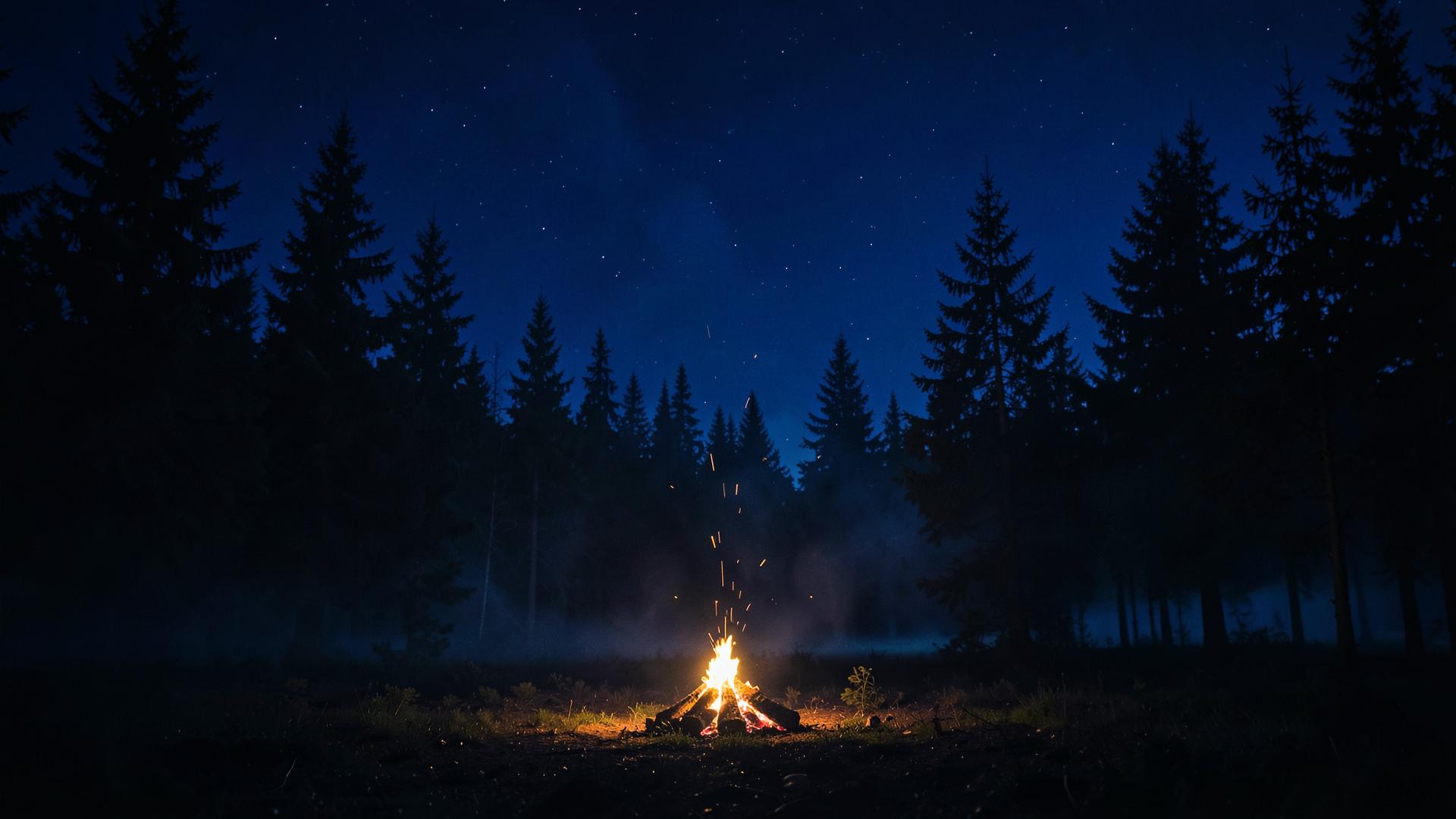 A campfire burning at night in a pine forest